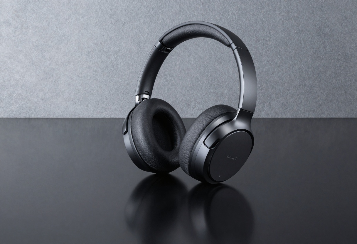 Premium wireless headphones on glossy black surface with studio lighting Premium wireless headphones on glossy black surface with studio lighting