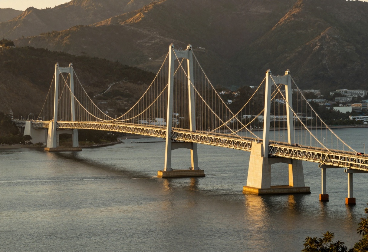 Original suspension bridge over water with mountains