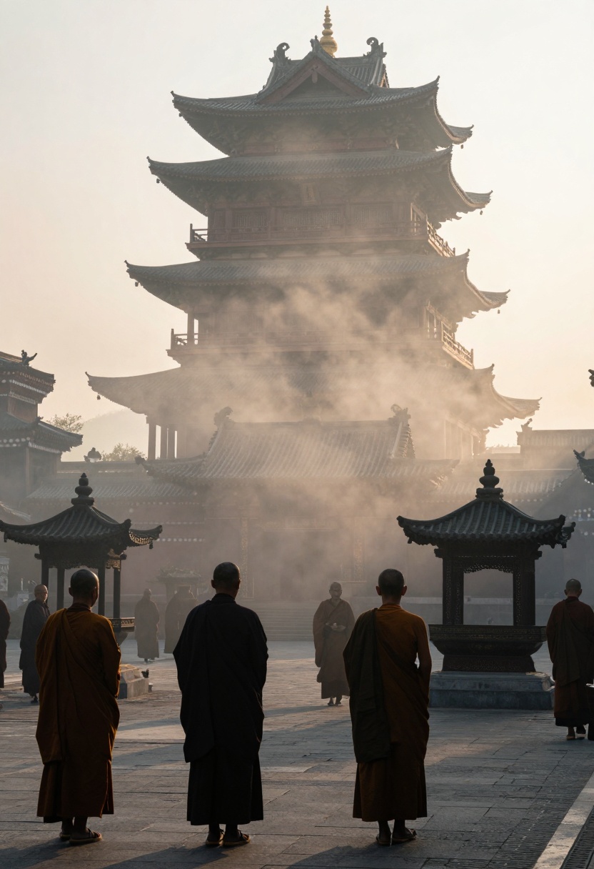 Temple courtyard with morning atmosphere