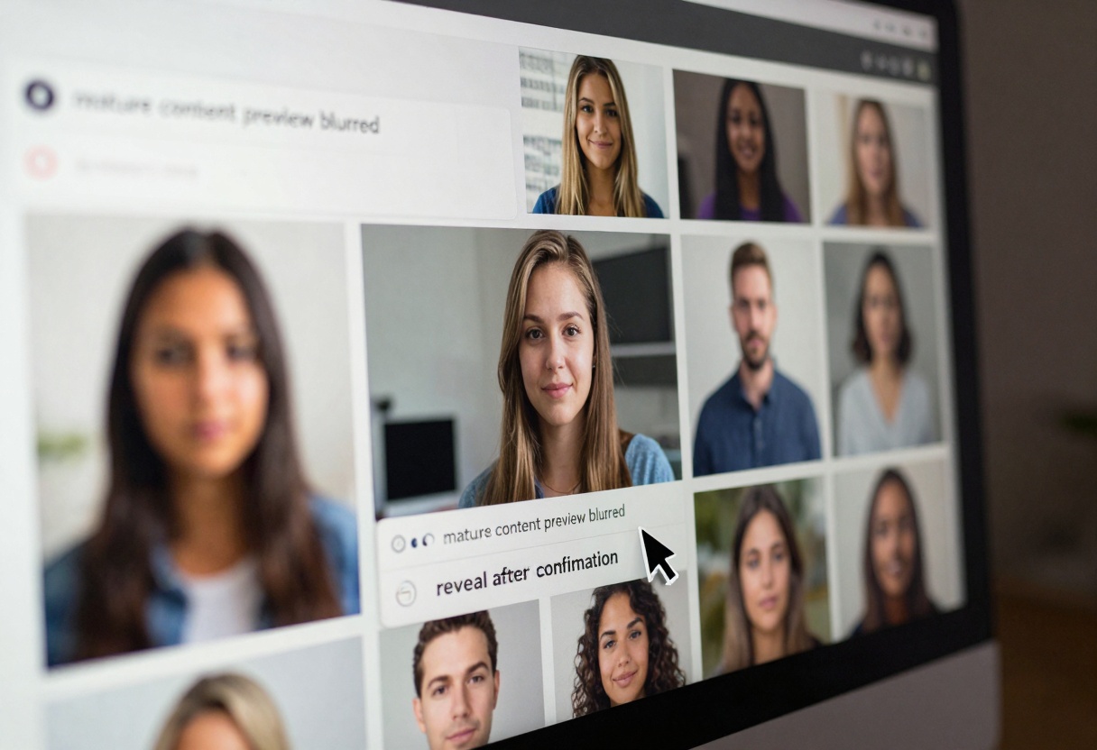 Blurred thumbnail grid with mature preview controls