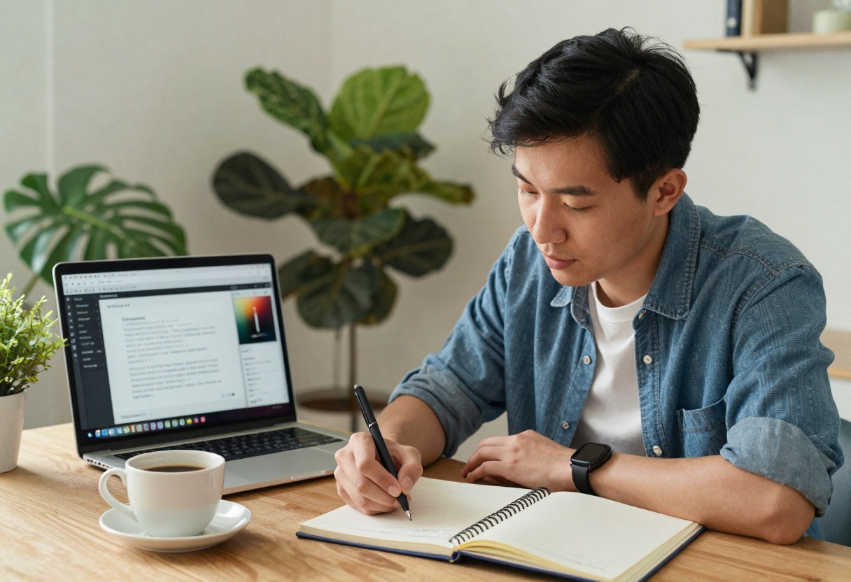 Creator writing prompts beside a laptop