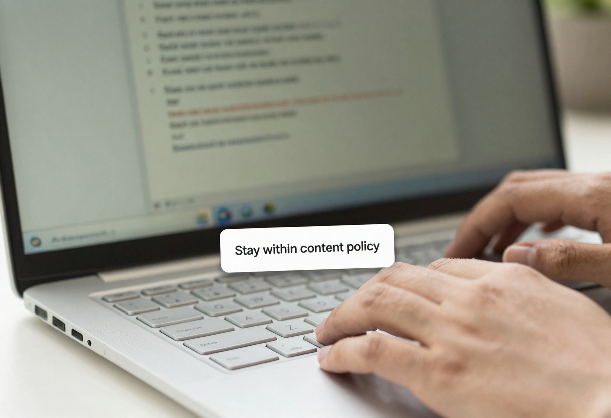Hands typing a prompt with a content policy reminder