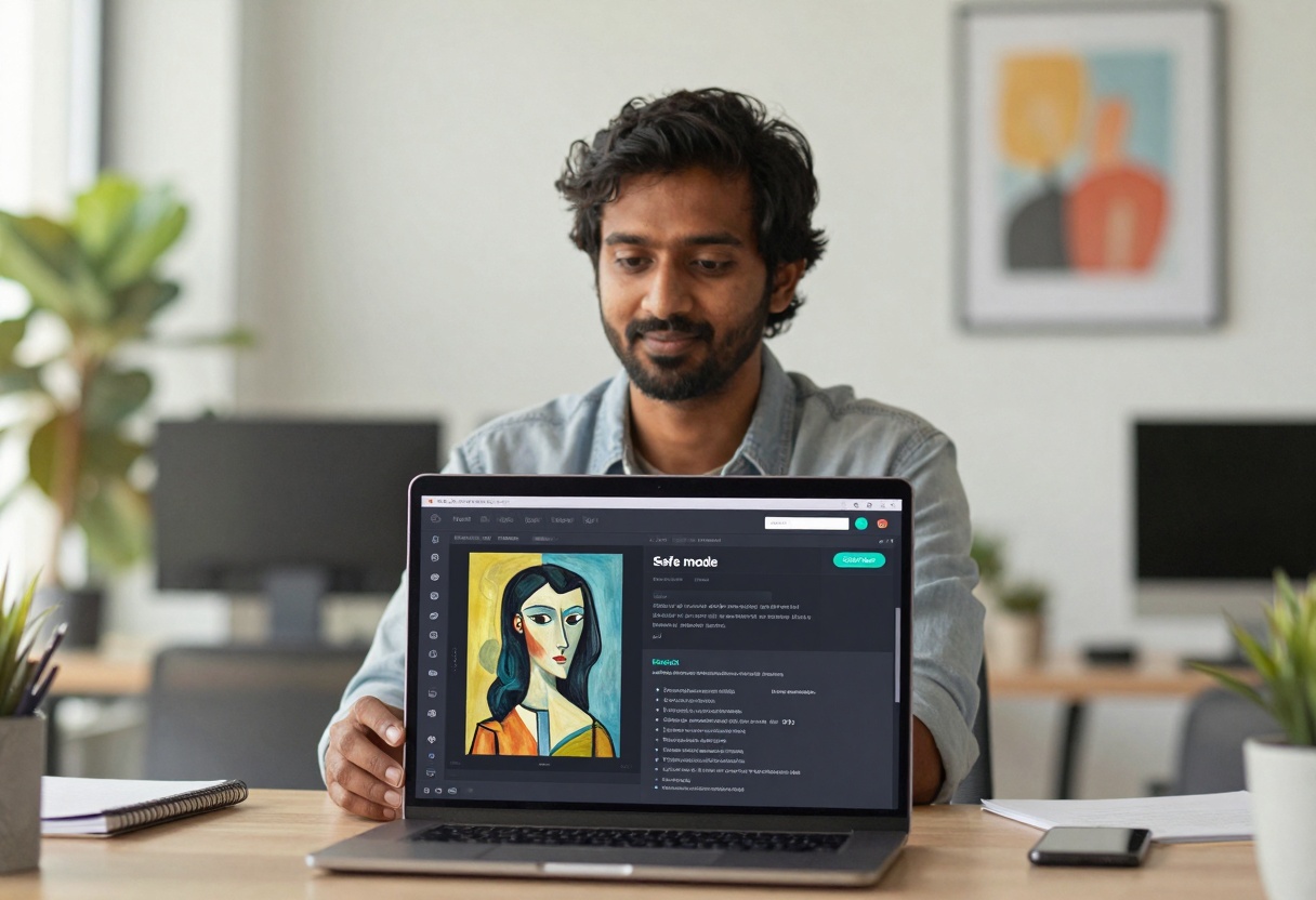Modern workspace with AI creation interface and safe mode badge