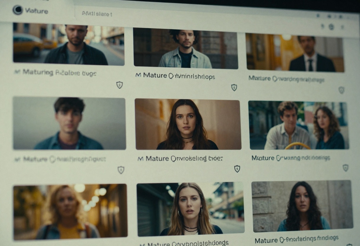 Blurred gallery grid with mature warning labels