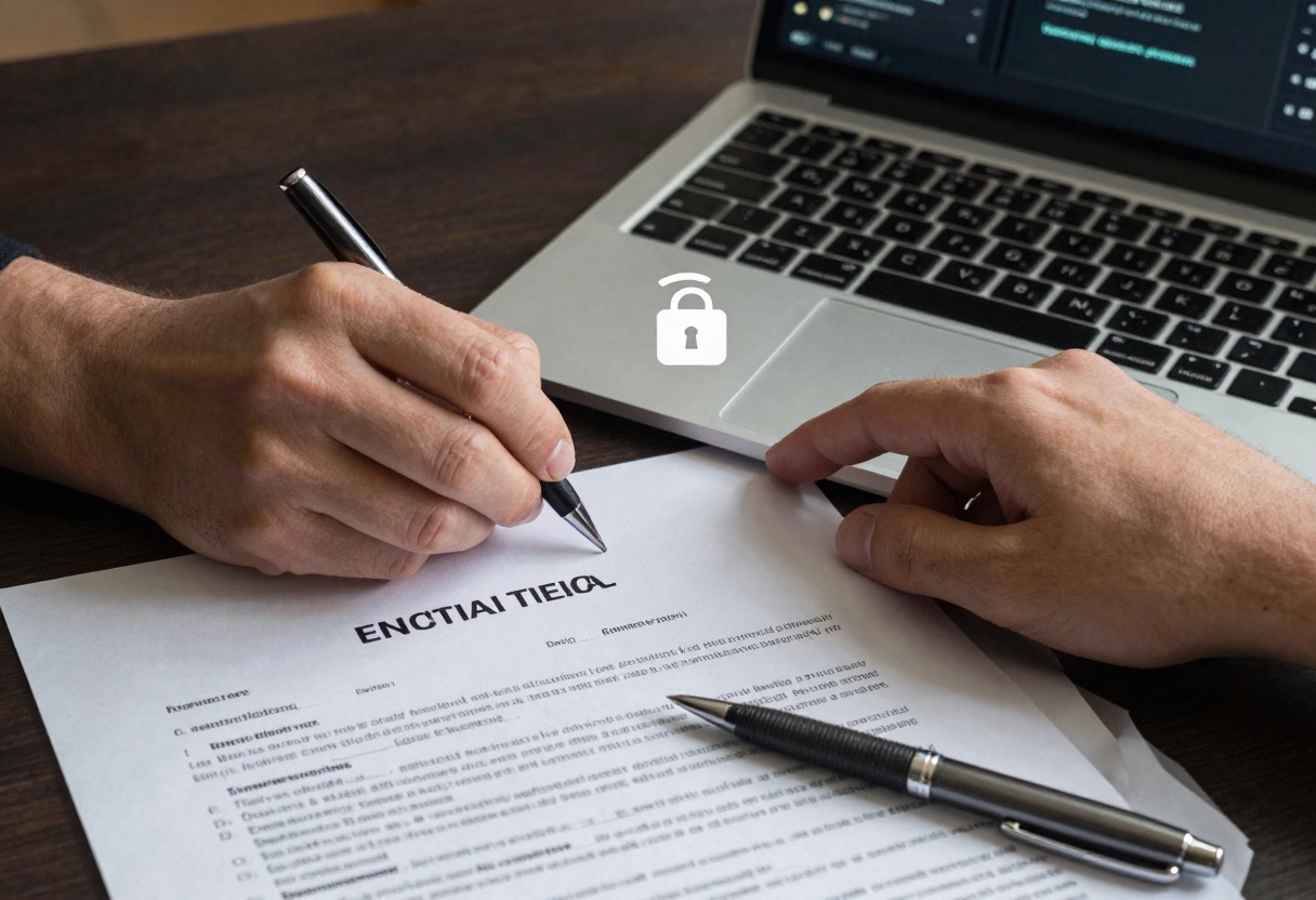Hands signing a consent and licensing form next to a laptop
