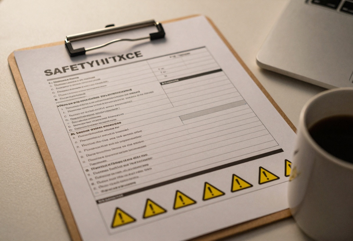 A printed safety checklist on a creator's desk