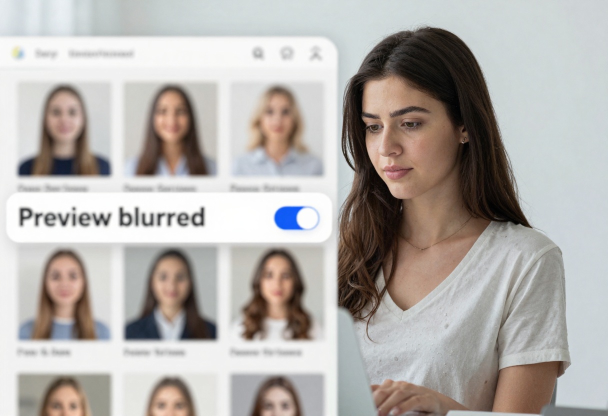 Blurred preview gallery with a privacy toggle