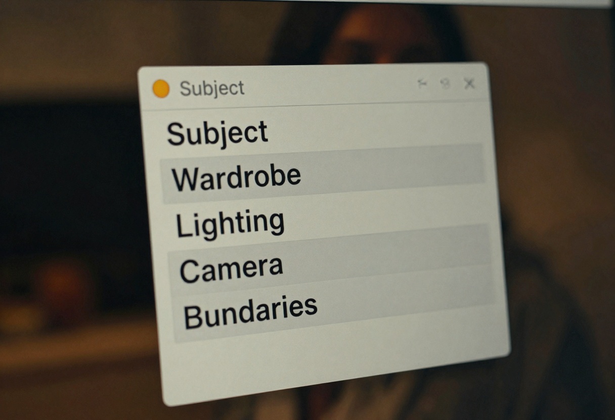 Prompt template UI showing Subject, Wardrobe, Lighting, Boundaries