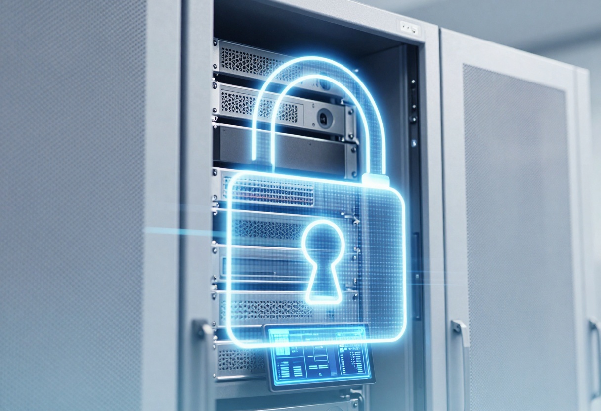 Secure server room with a glowing padlock hologram overlay