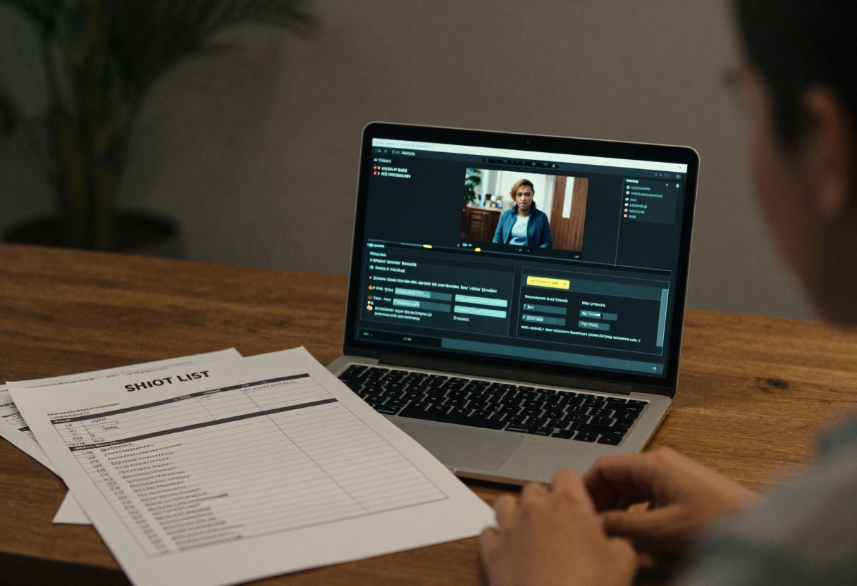 Video storyboard and laptop with a text-to-video prompt interface