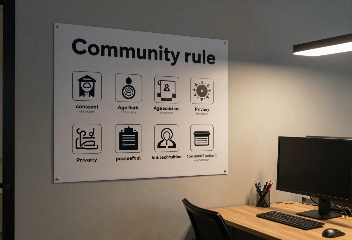 Poster with community rules icons for consent, age restriction, privacy