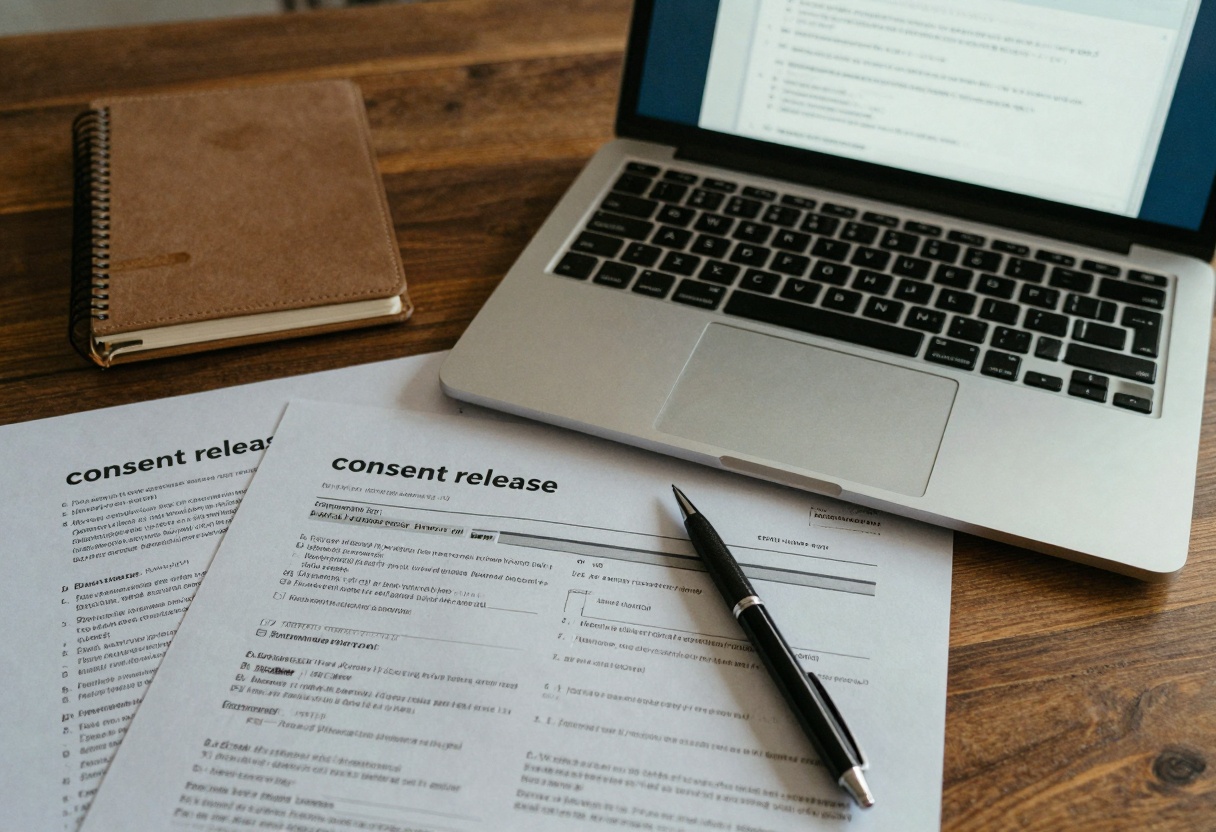 Desk flat-lay with consent release forms and a laptop showing an AI prompt window Desk flat-lay with consent release forms and a laptop showing an AI prompt window