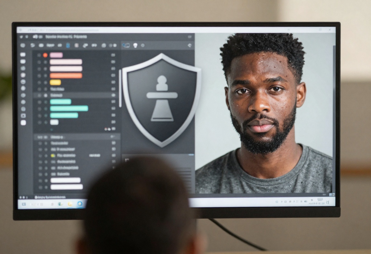 Monitor showing a generic AI generation interface with a safety shield and blurred sliders Monitor showing a generic AI generation interface with a safety shield and blurred sliders