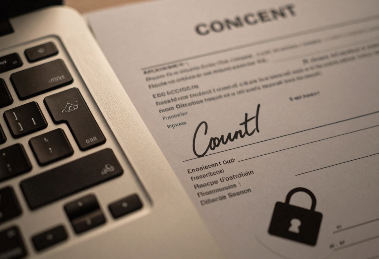 Consent paperwork beside a laptop