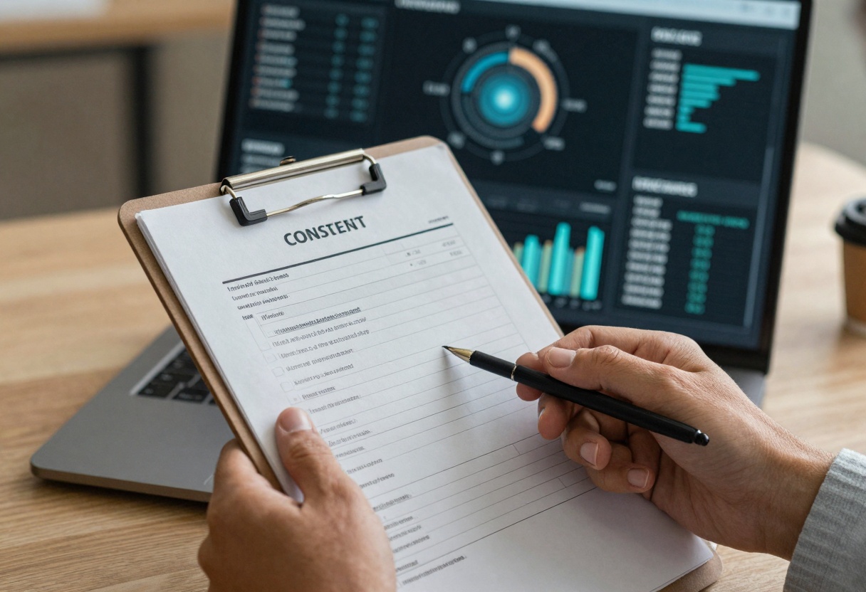 Hands holding a consent checklist near an AI dashboard