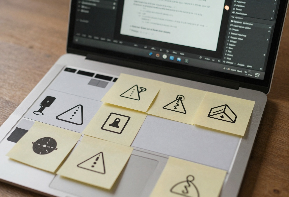 Flat-lay of a video storyboard with sticky notes and safety icons