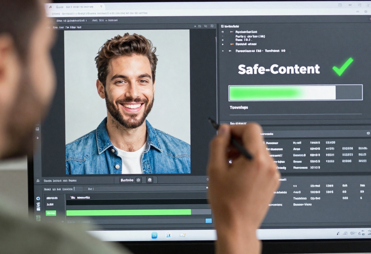 Creator smiling while exporting a finished AI image with a safe-content checkmark