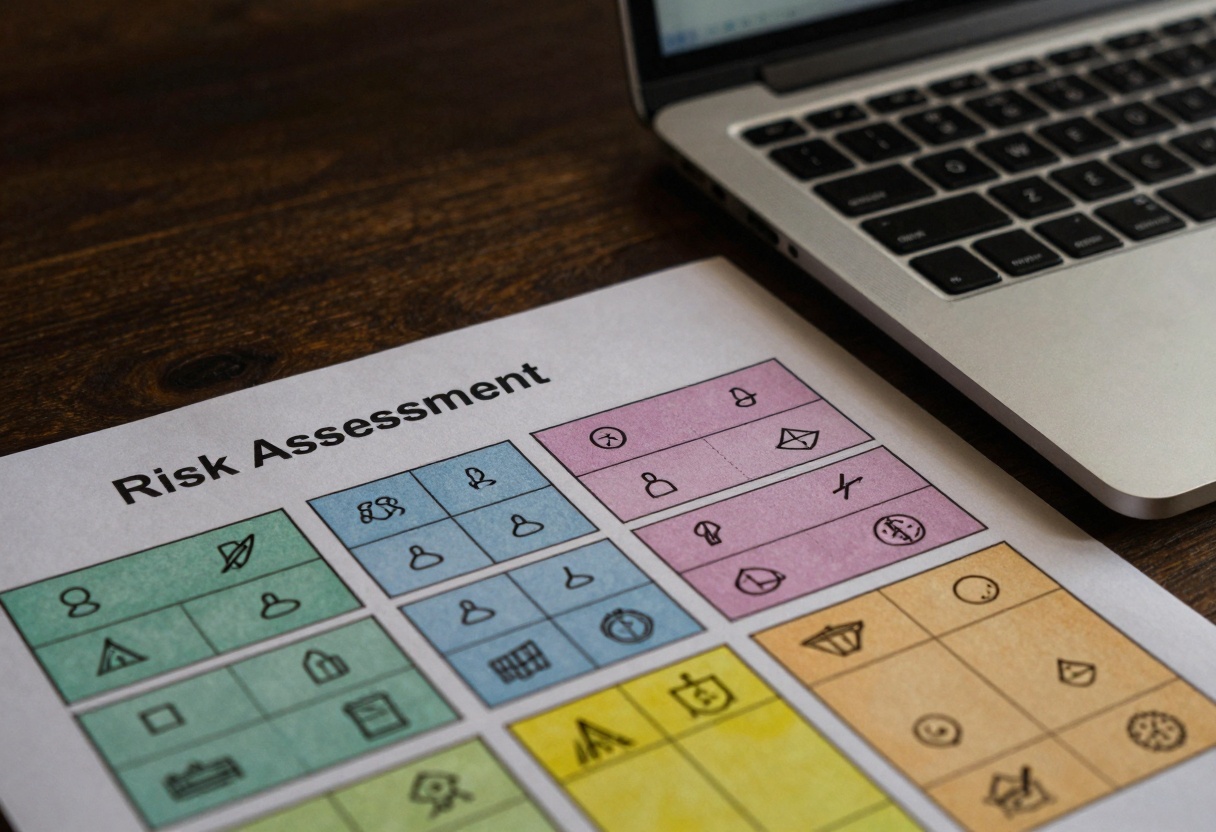 Printed risk assessment matrix next to a laptop