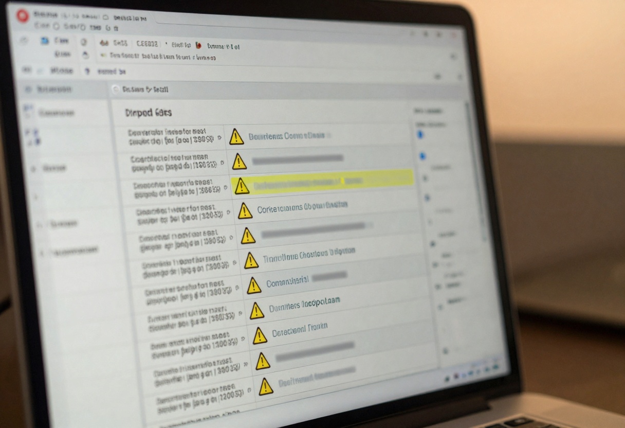 Monitor showing a prompt editor with warning icons and blurred text Monitor showing a prompt editor with warning icons and blurred text