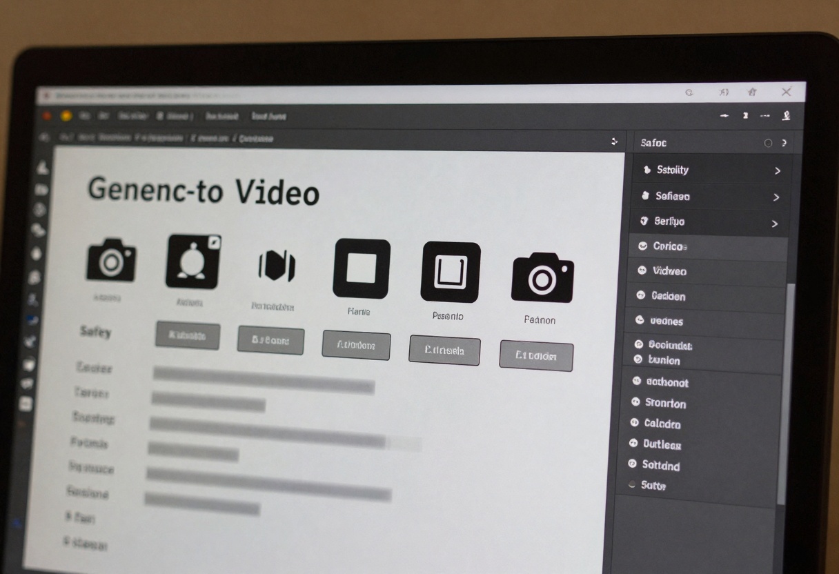 Monitor showing a text-to-video settings panel with camera icons and a safety indicator