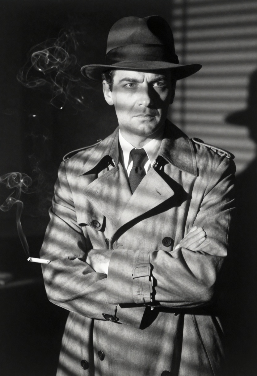 Film noir style transformation with dramatic lighting
