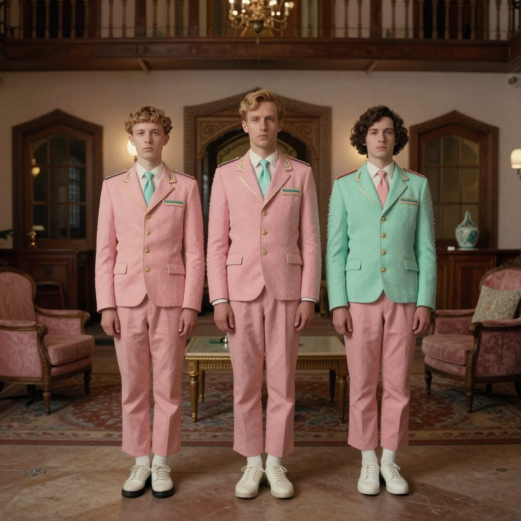 Wes Anderson style with symmetrical composition and pastel colors