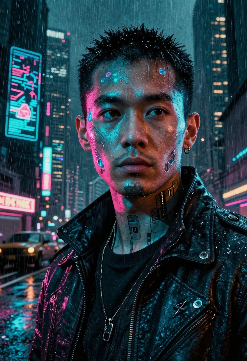 Cyberpunk style with neon lighting and futuristic elements