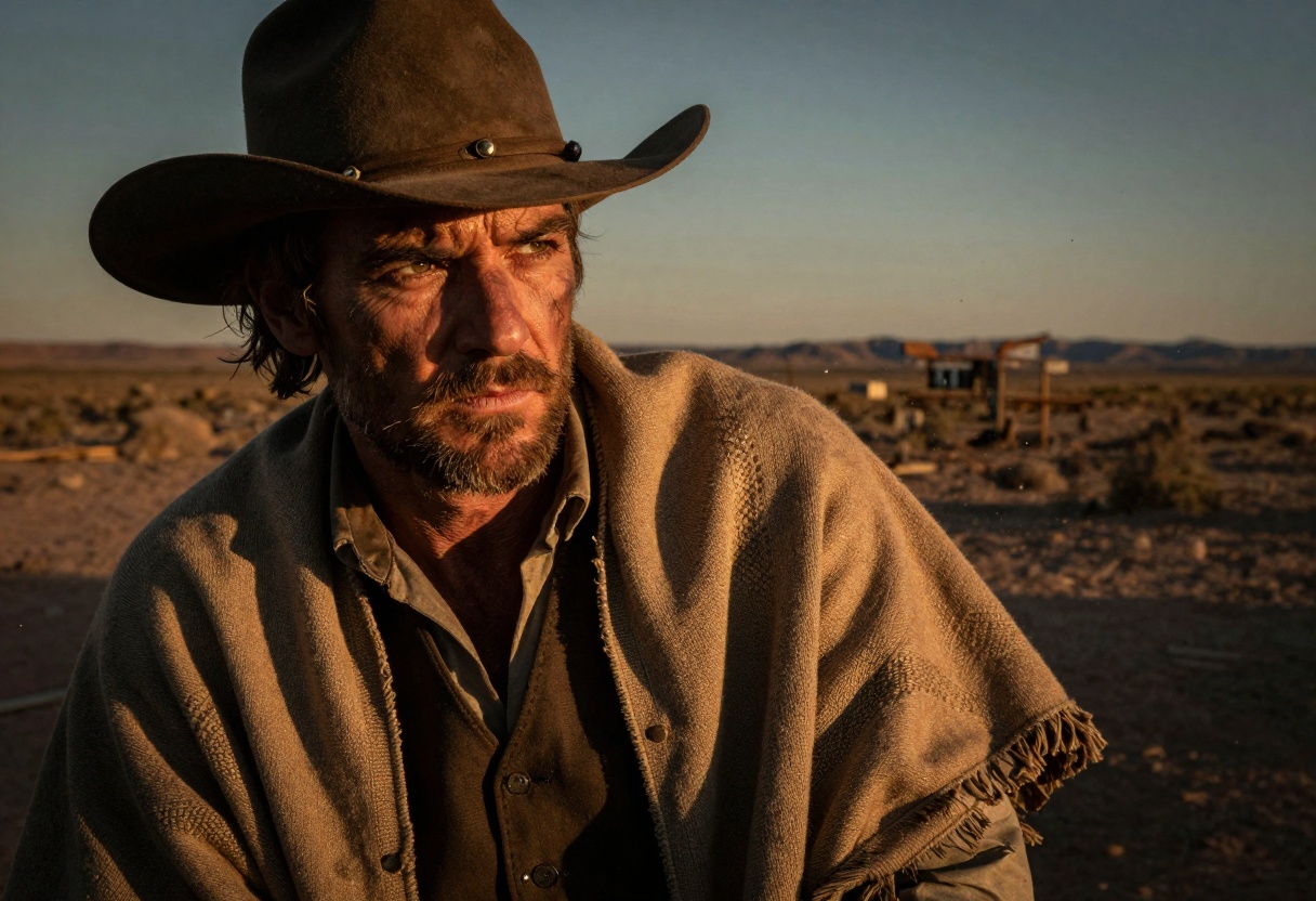 Spaghetti western style with desert landscape and golden hour lighting