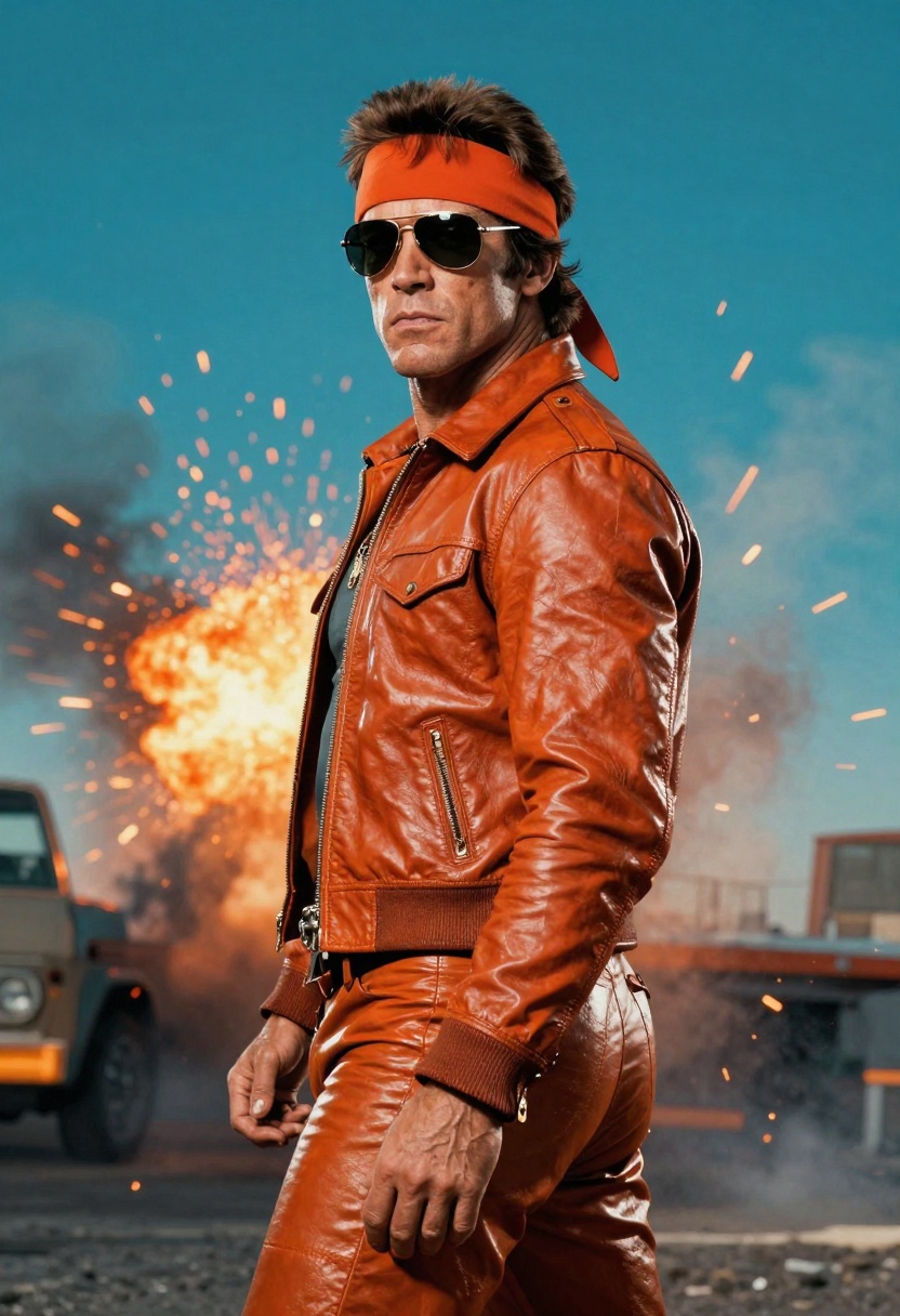 80s action movie style with bold colors and dramatic lighting