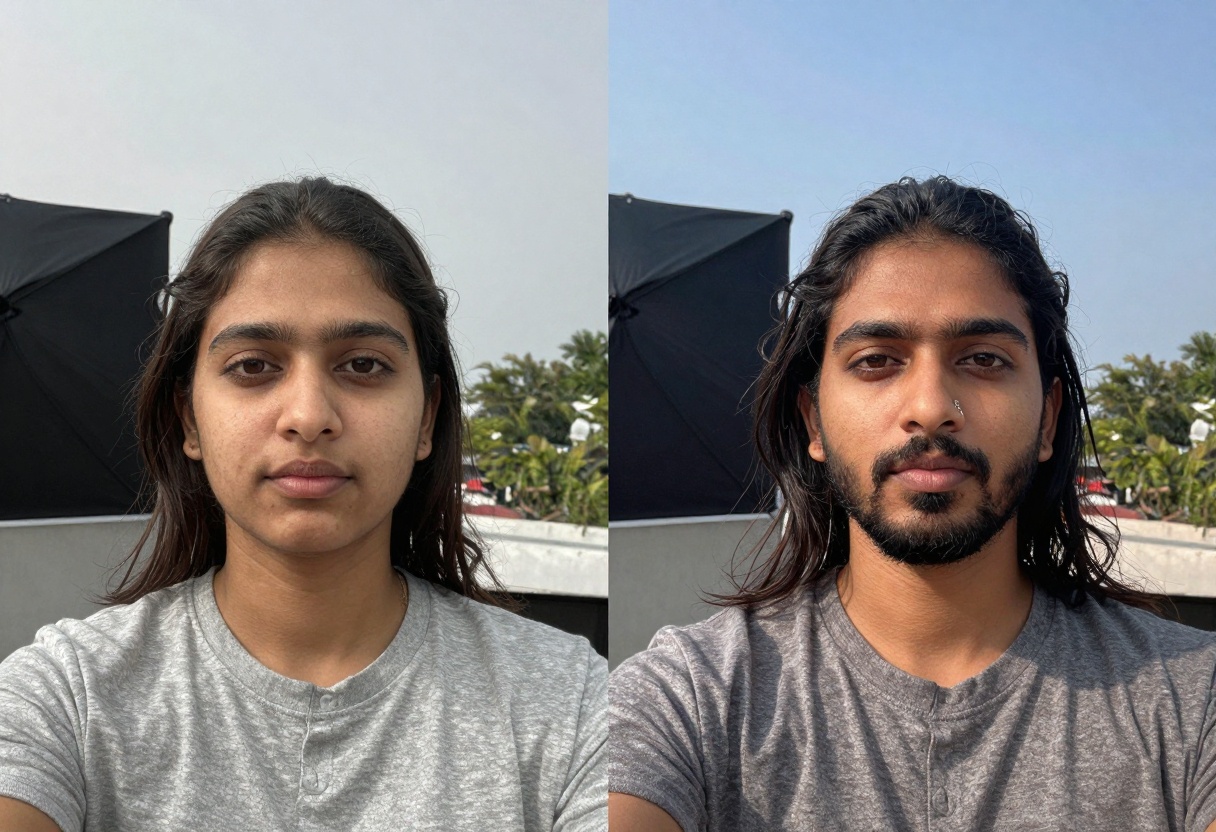 Before and after comparison of selfie transformation