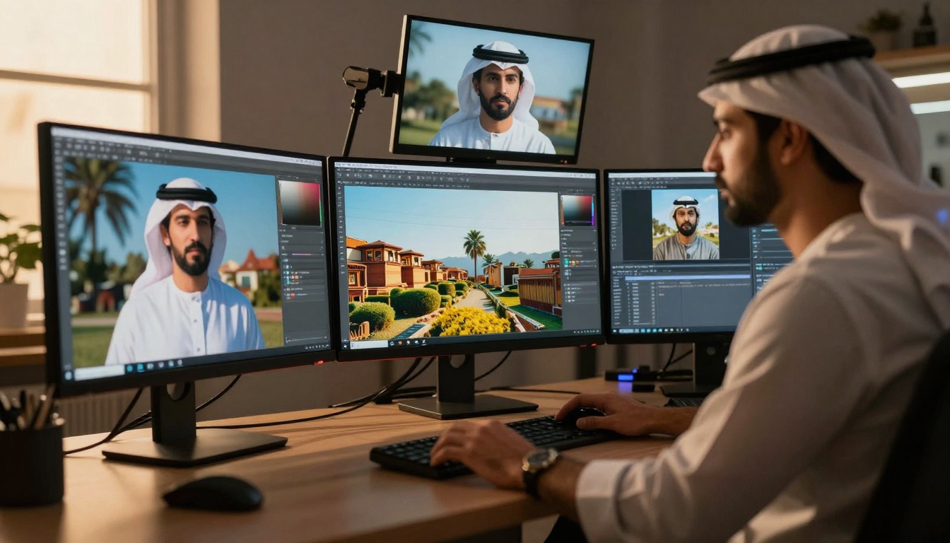 Professional digital artist workspace with AI generation software
