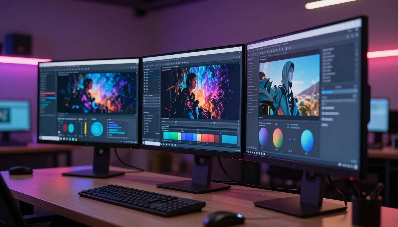 Modern digital creation studio with multiple monitors displaying AI interface