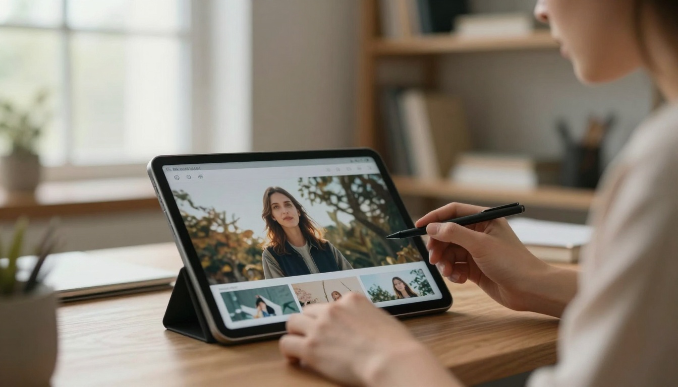 Creative professional reviewing multiple AI-generated variations on tablet