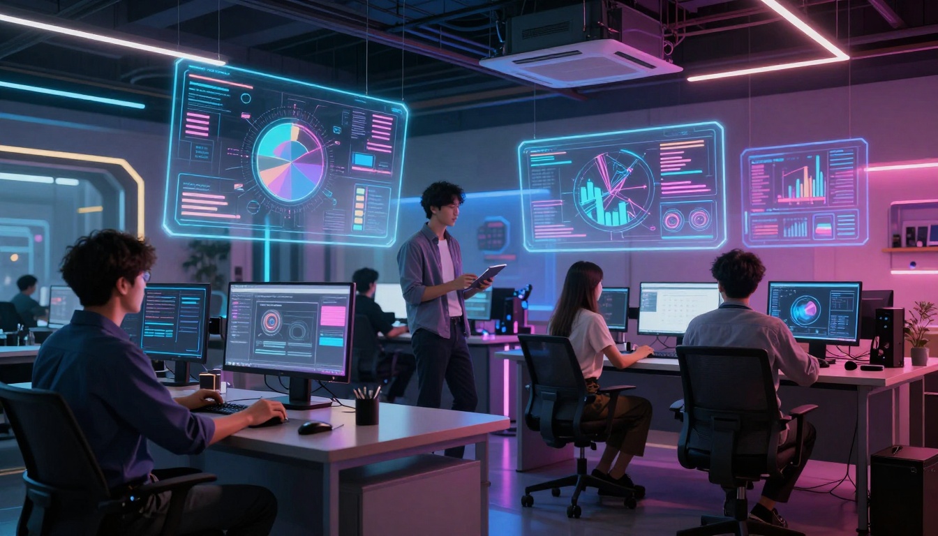 Futuristic AI studio with creative professionals
