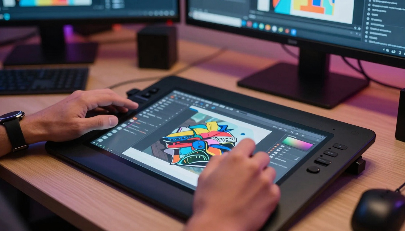 Close-up of a professional graphics tablet displaying AI interface Close-up of a professional graphics tablet displaying AI interface