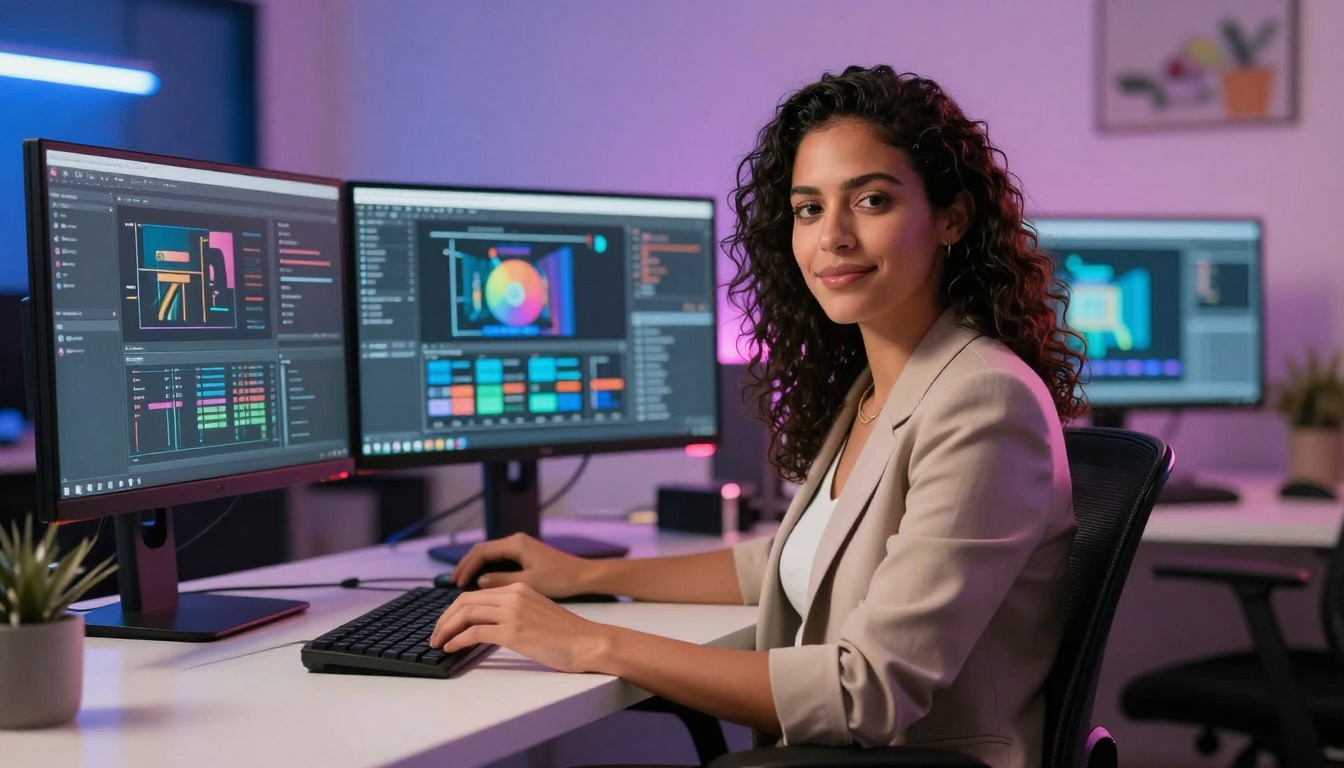 Female content creator at sleek modern desk with multiple monitors Female content creator at sleek modern desk with multiple monitors