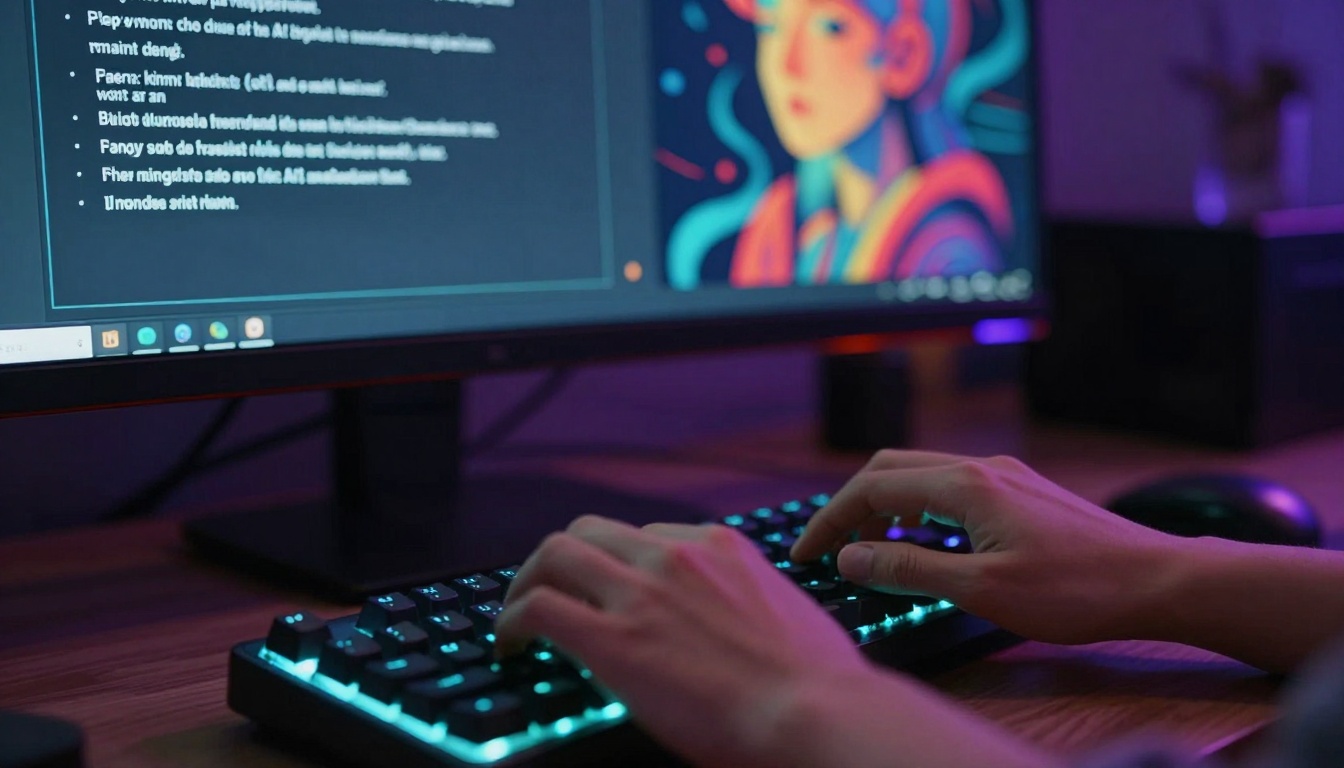 Hand typing on keyboard with split-screen interface