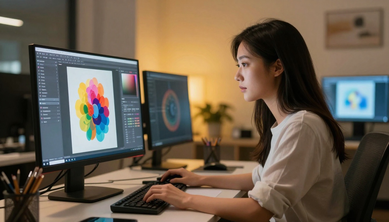 Female digital artist working at creative workspace with AI tools