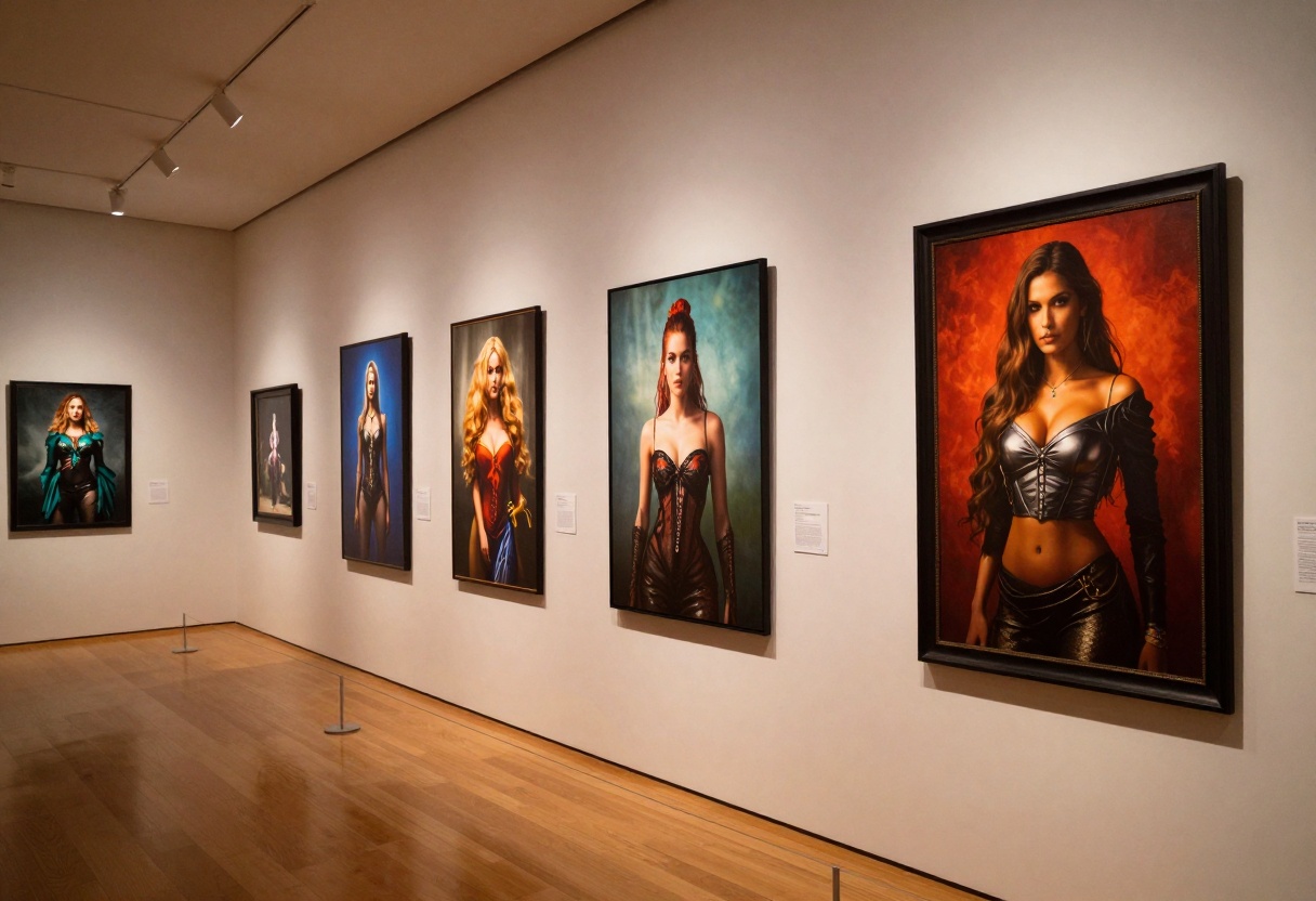 Gallery wall displaying diverse AI-generated artworks in elegant frames