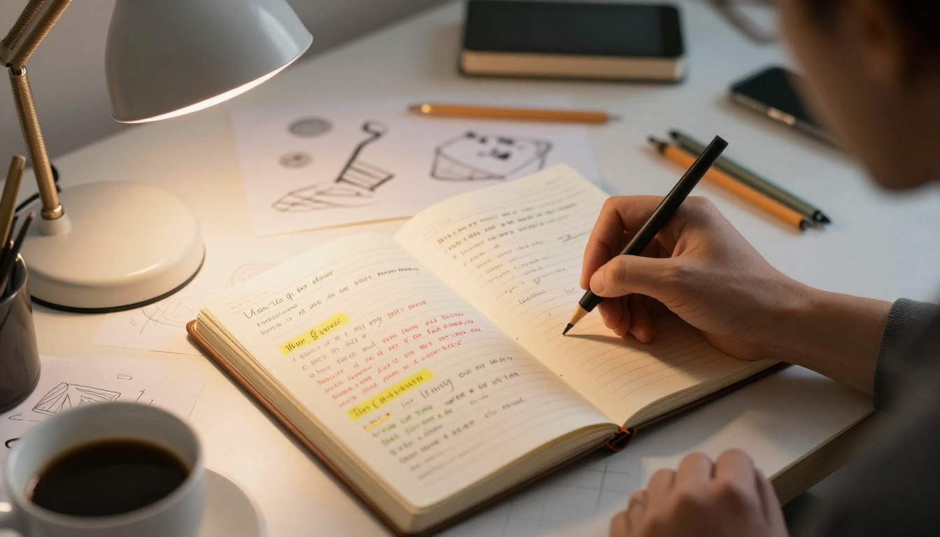Writer crafting detailed prompts with creative notes and sketches