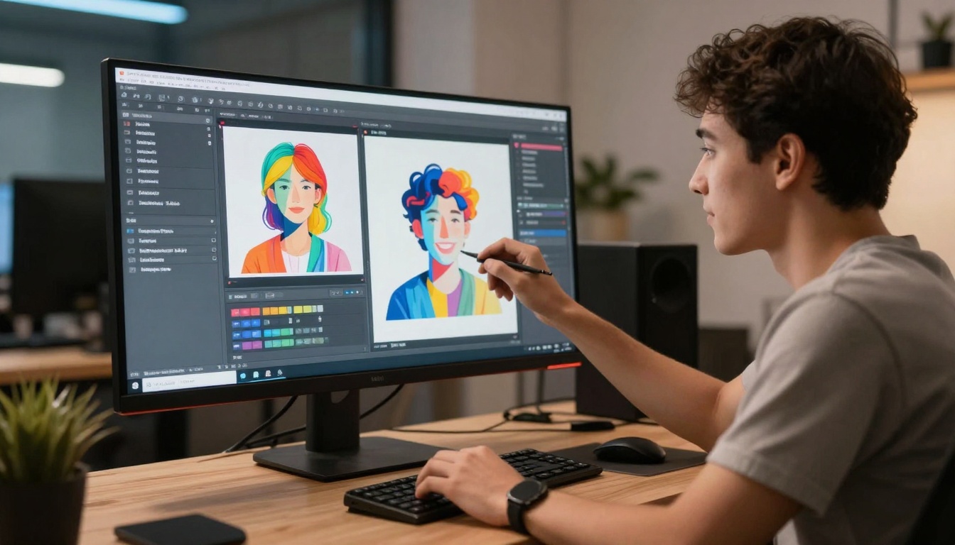 Professional content creator reviewing artwork on large monitor display