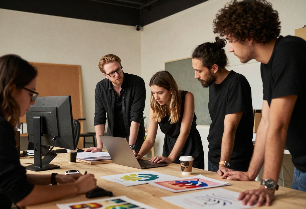 Group of artists collaborating in a modern creative studio space