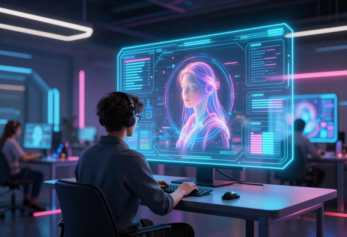 Futuristic vision of AI art creation with advanced holographic displays
