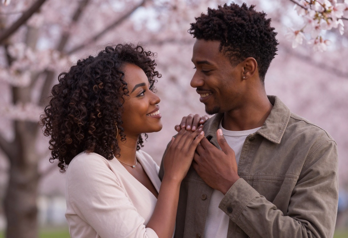 Anime couple in romantic scene with cherry blossoms