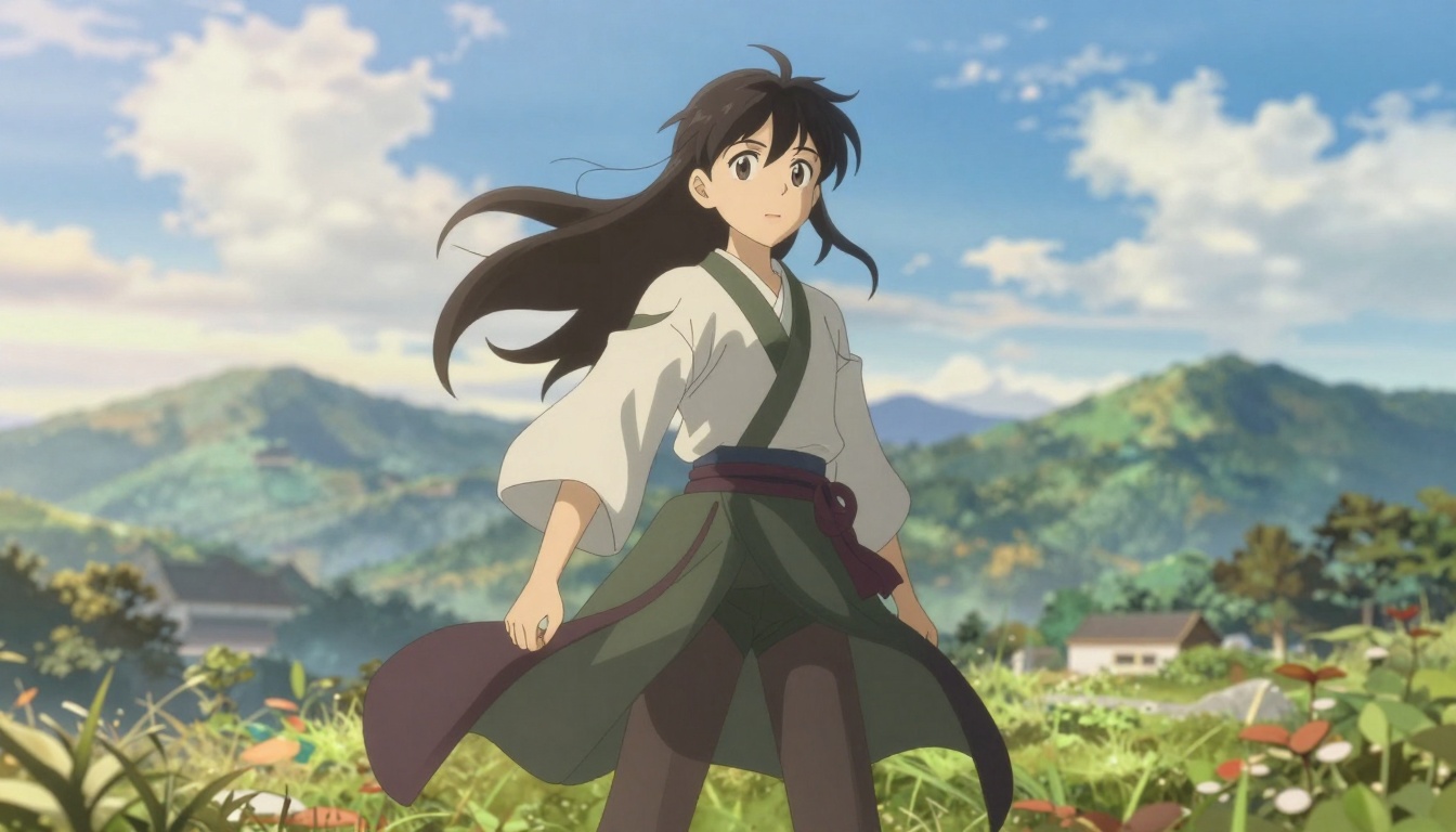 Anime character in scenic mountain landscape