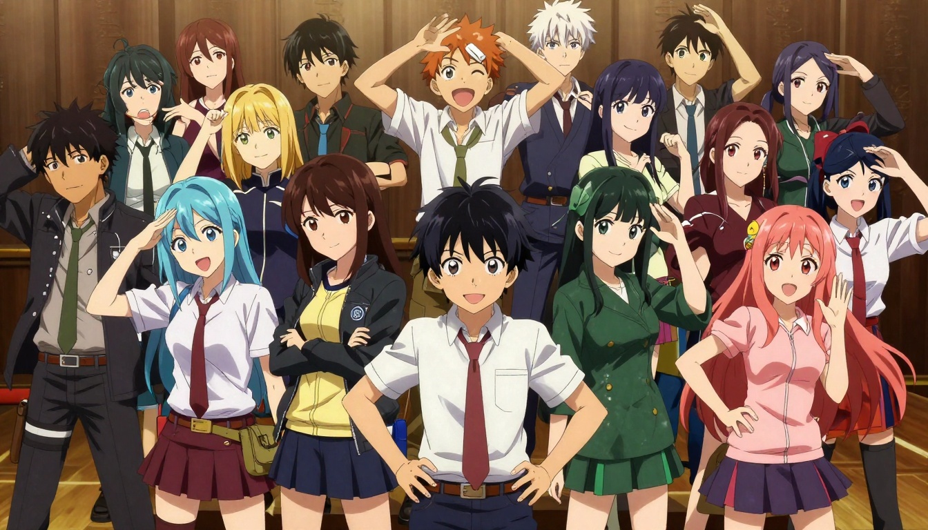 Group of diverse anime characters with varied designs
