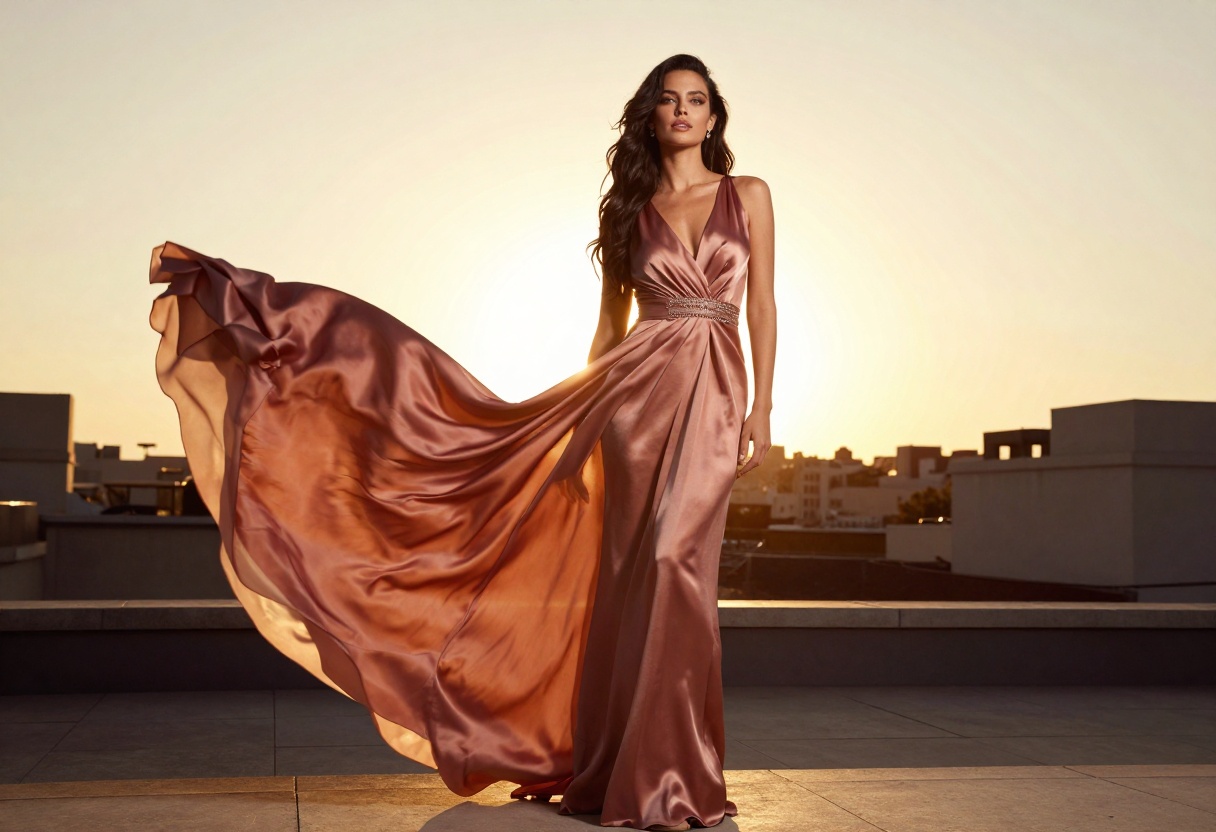 Elegant rooftop fashion portrait at sunset