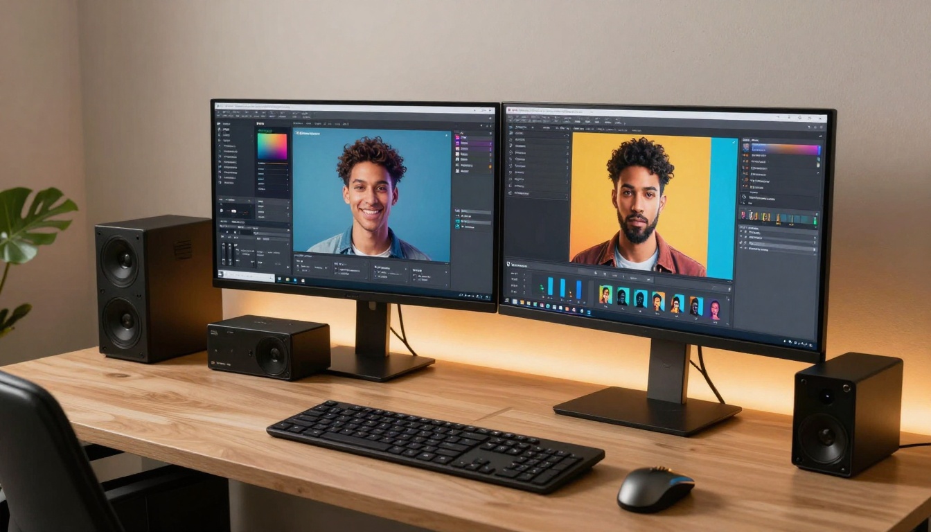 Modern content creator workspace with avatar software