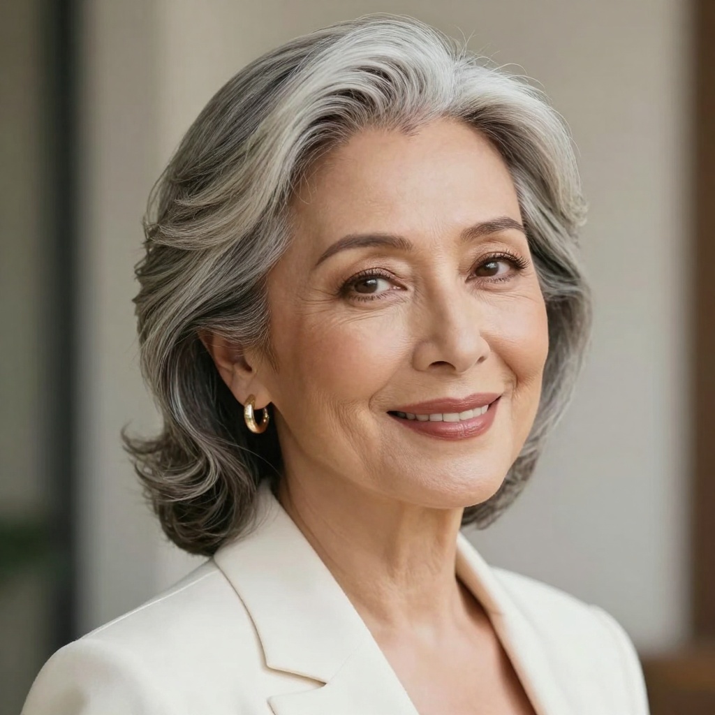 Elegant mature woman portrait with silver hair and sophisticated styling