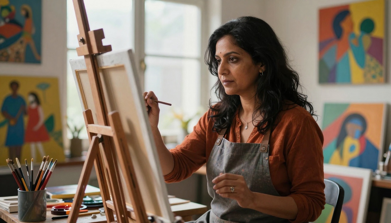 Creative mature artist woman painting in vibrant studio